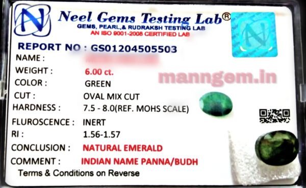 6.59 Ratti 6 Carat (Panna Stone) Certified Natural Gemstone