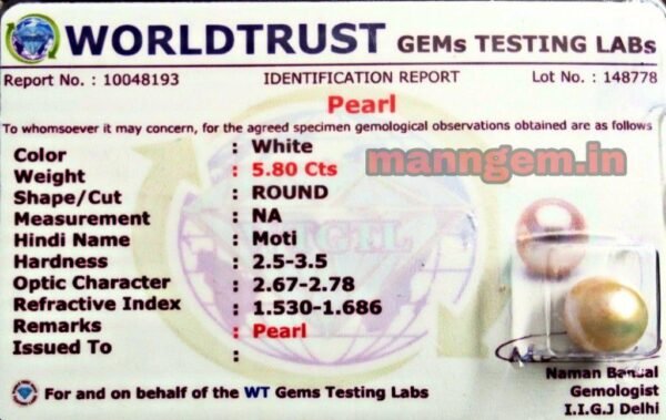 6.37 Ratti 5.80 CT Cultured Pearl GemStone 100% Certified Cultured Original Moti Stone