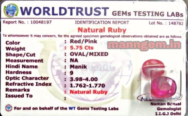 6.31 RATTI 5.75 CT Ruby Stone Manik Stone Certified Natural Loose Gemstone