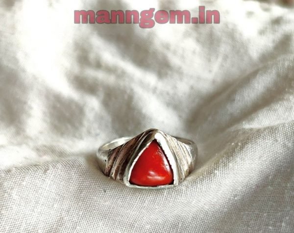 6.25 Plus Ratti Natural Triangle High Red Coral (Munga) with Silver Adjustable Ring