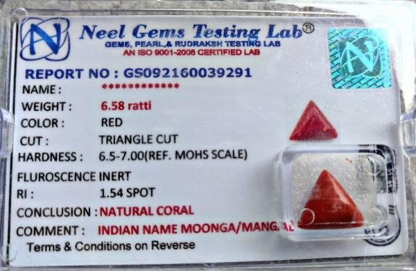 6.58 Ratti Natural Triangle High Red Coral (Munga) Real Moonga Gemstone/Birthstone for Men and Women