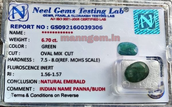 6.70 Carat (Panna Stone) Certified Natural Gemstone