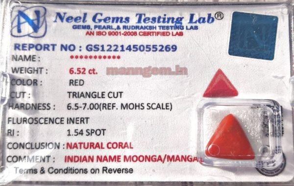 7.24 Ratti 6.52 CT Natural Triangle High Red Coral (Munga) Real Moonga Gemstone/Birthstone for Men and Women