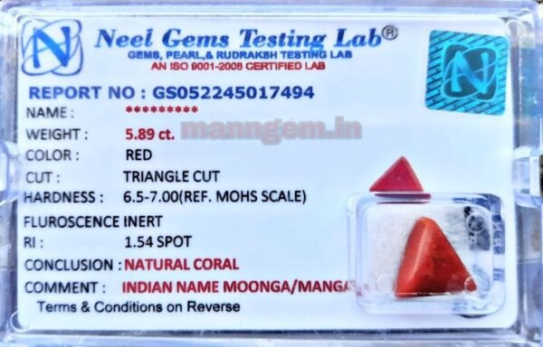 6.54 Ratti 5.89 Carat Natural Triangle High Red Coral (Munga) Real Moonga Gemstone/Birthstone for Men and Women