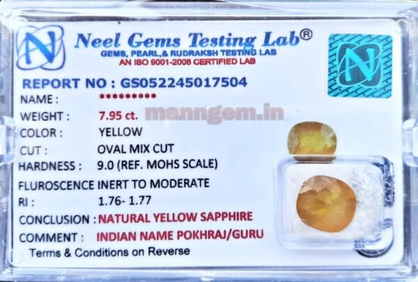 7.95 Carat Yellow Sapphire Pukhraj Gud Transparency Stone