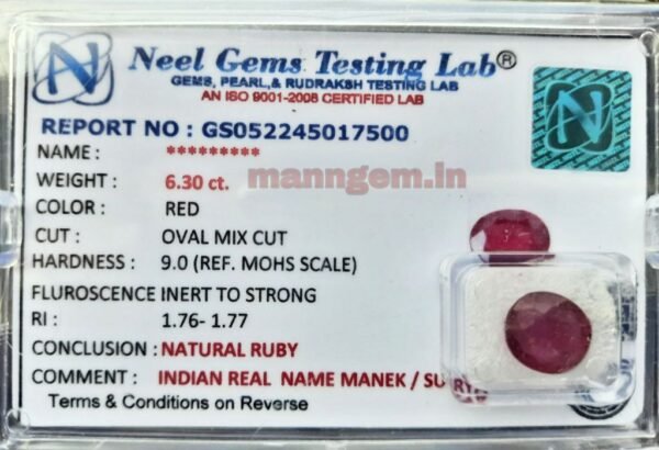 6.30 Carat Ruby Stone Manik Stone Certified Natural Loose Gemstone