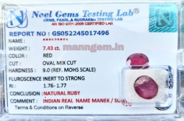 7.43 Carat Ruby Stone Manik Stone Gud Quality Certified Natural Loose Gemstone