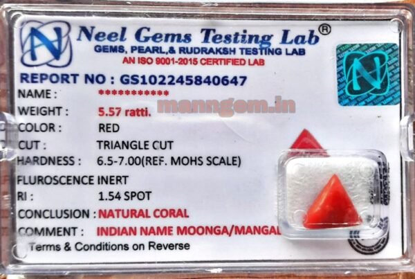 5.57 Ratti Natural Triangle High Red Coral (Munga) Real Moonga Gemstone/Birthstone for Men and Women