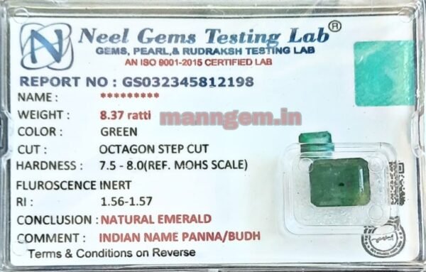 8.37 RATTI (Panna Stone) Certified Natural Gemstone