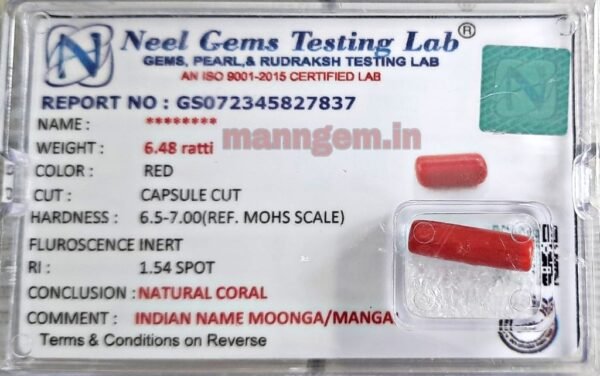 6.48 Ratti Natural Red Coral (Munga) Real Moonga Gemstone/Birthstone for Men and Women