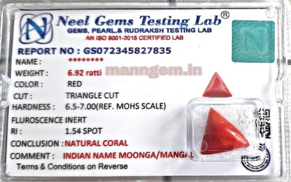 6.92 Ratti Natural Triangle High Red Coral (Munga) Real Moonga Gemstone/Birthstone for Men and Women