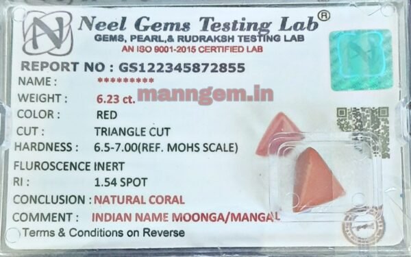 6.92 Ratti 6.23 Carat Natural Triangle High Red Coral (Munga) Real Moonga Gemstone/Birthstone for Men and Women