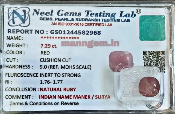 7.29 Carat Ruby Stone Manik Stone Gud Quality Certified Natural Loose Gemstone