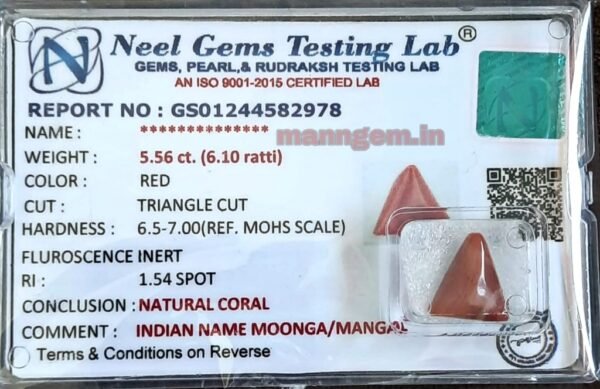 6.10 Ratti Natural Triangle High Red Coral (Munga) Real Moonga Gemstone/Birthstone for Men and Women