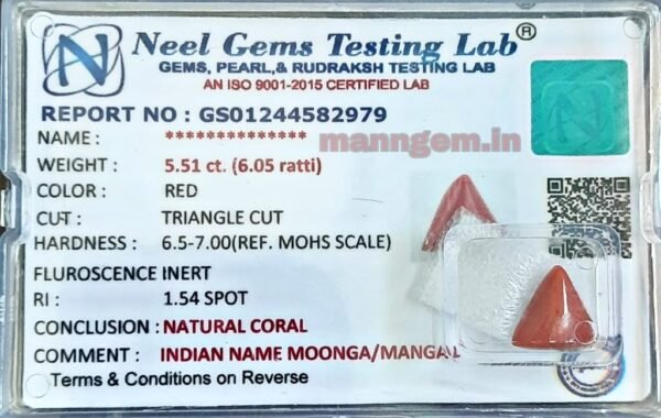 6.05 Ratti Natural Triangle High Red Coral (Munga) Real Moonga Gemstone/Birthstone for Men and Women