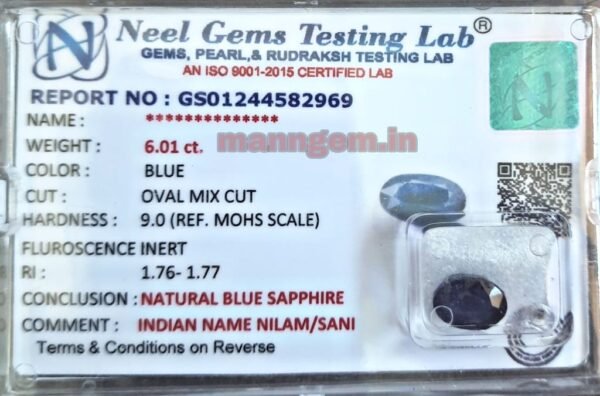 6.01 Carat (NEELAM/NILAM Stone) Certified Natural HIGH Quality Gemstone AAA+++ Quality