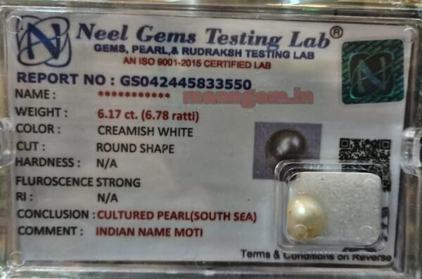 6.78 Ratti 6.17 CT SOUTH SEA Pearl GemStone 100% Certified SOUTH SEA Original Moti Stone