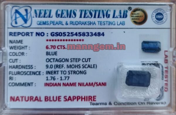 7.44 Ratti 6.70 Carat (NEELAM/NILAM Stone) Certified Natural Quality Gemstone Gud Transparency Bangkok Cutting AAA+++ Quality