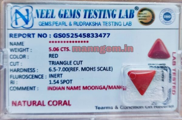 5.62 Ratti 5.06 Carat Natural Triangle High Red Coral (Munga) Real Moonga Gemstone/Birthstone for Men and Women