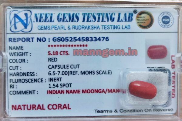 5.75 Ratti 5.18 Carat Natural Triangle High Red Coral (Munga) Real Moonga Gemstone/Birthstone for Men and Women