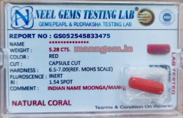 5.86 Ratti 5.28 CT Natural Red Coral (Munga) Real Moonga Gemstone/Birthstone for Men and Women