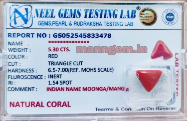 5.88 Ratti 5.30 Carat Natural Triangle High Red Coral (Munga) Real Moonga Gemstone/Birthstone for Men and Women +A