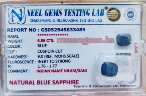 7.62 Ratti 6.86 Carat (NEELAM/NILAM Stone) Certified Natural Quality Gemstone Gud Transparency AAA+++ Quality