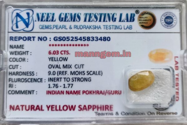 6.70 Ratti 6.03 Carat Yellow Sapphire Pukhraj Gud Transparency Stone A+++ Quality