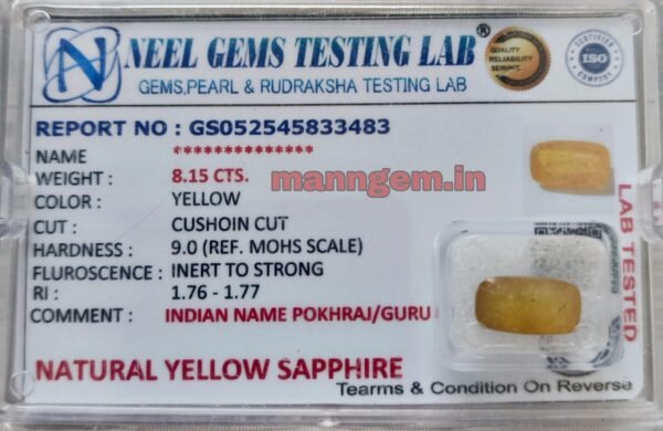 9.05 Ratti 8.15 Carat Yellow Sapphire Pukhraj Gud Transparency Stone +A Quality